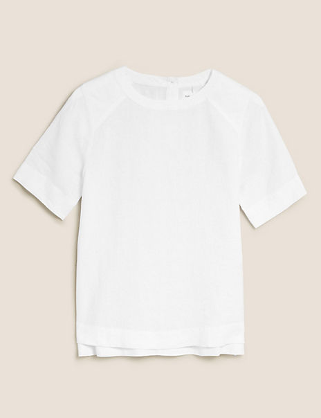 Pure Linen Round Neck Short Sleeve Top