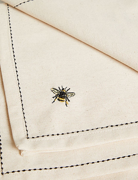 Set of 4 Embroidered Bee Cotton Napkins