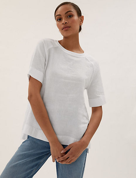 Pure Linen Round Neck Short Sleeve Top