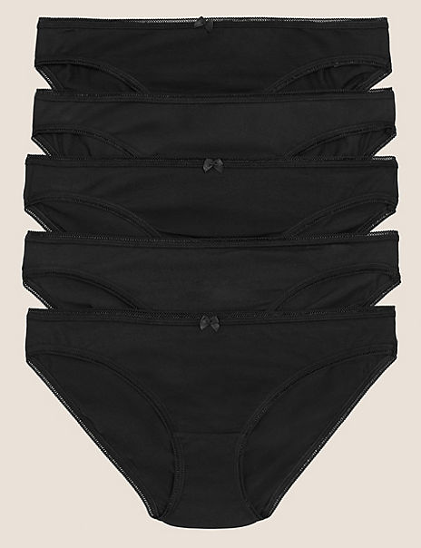 M&S Womens Cotton Lycra Printed Bikini Knickers, 5 Pack, 8, Navy