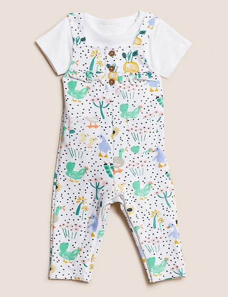 2pc Cotton Rich Bird Print Dungaree Outfit (0-3 Yrs)