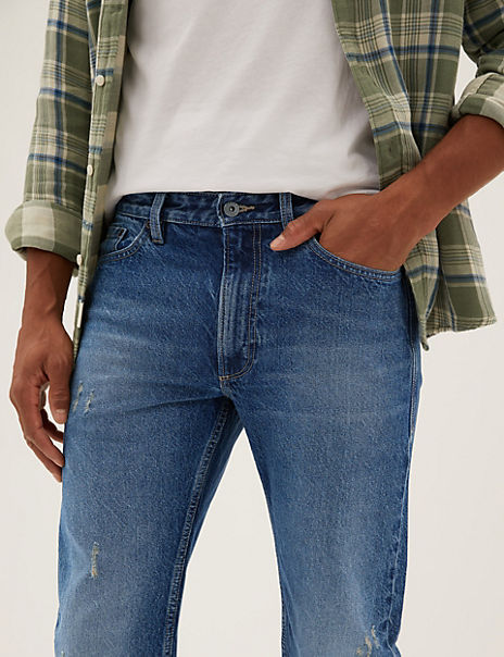 Straight Fit Cotton Rich Hemp Ripped Jeans