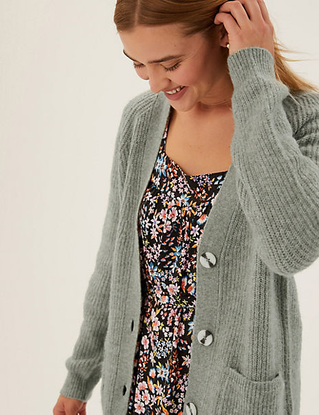 Ribbed V-Neck Relaxed Longline Cardigan 