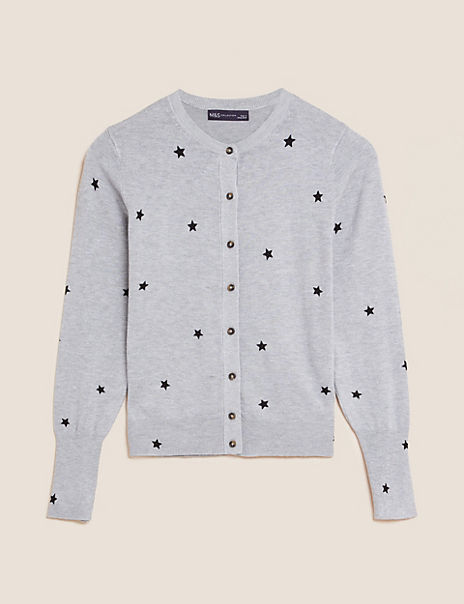 Star Print Crew Neck Button Front Cardigan
