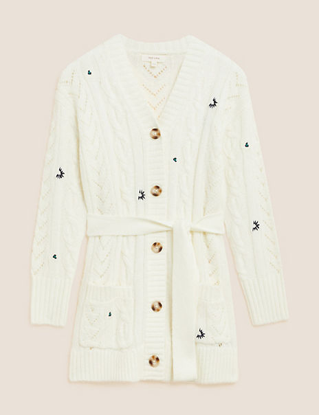 Embroidered Belted Cardigan with Wool