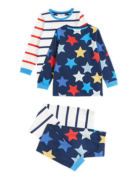 2pk Pure Cotton Star Striped Pyjamas (1-7 Yrs)