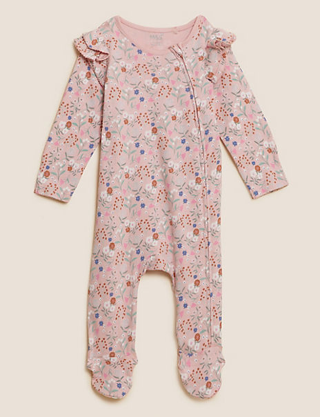 2pk Pure Cotton Floral Frill Sleepsuits (0-3 Yrs)