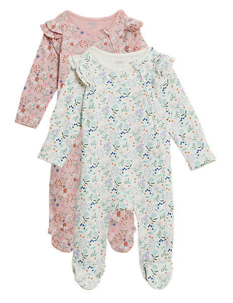 2pk Pure Cotton Floral Frill Sleepsuits (0-3 Yrs)