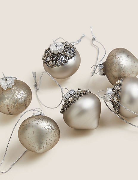  6 Pack Silver Glass Hanging Baubles 