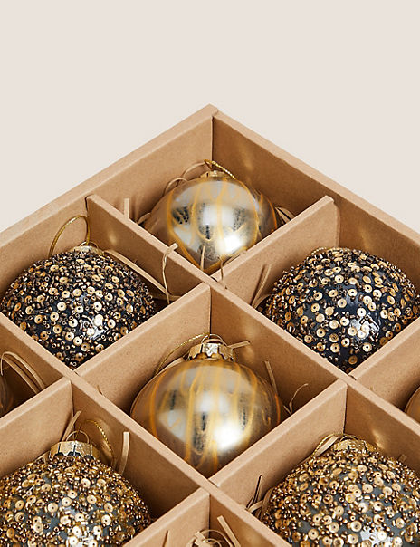 9 Pack Gold Glass Sequin Baubles