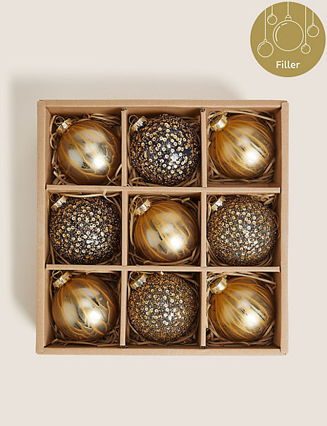 9 Pack Gold Glass Sequin Baubles
