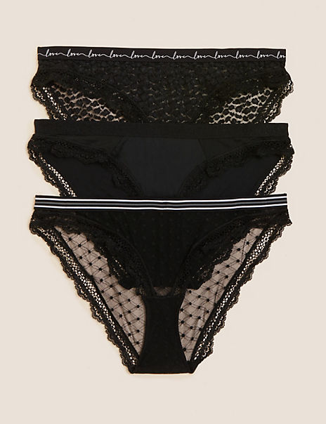 3pk Mesh & Lace Thongs, M&S Collection