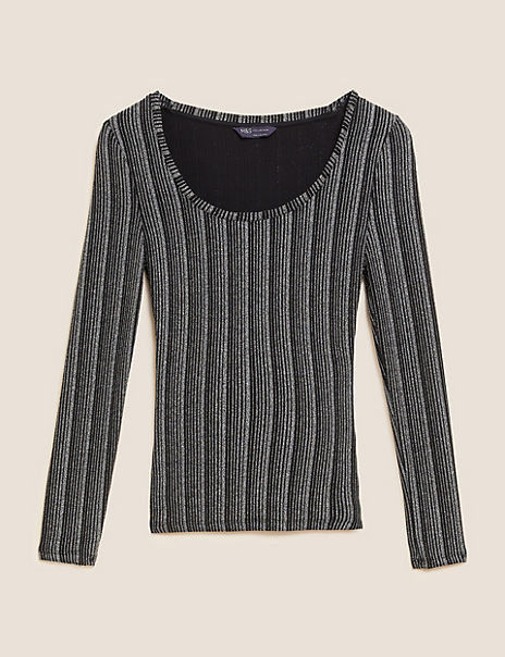 Sparkly Ribbed Scoop Neck Fitted Top
