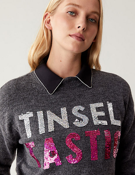Sequin Slogan Crew Neck Relaxed Jumper