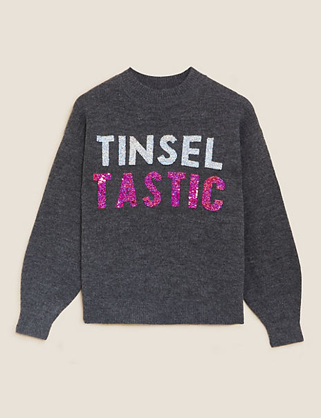 Sequin Slogan Crew Neck Relaxed Jumper