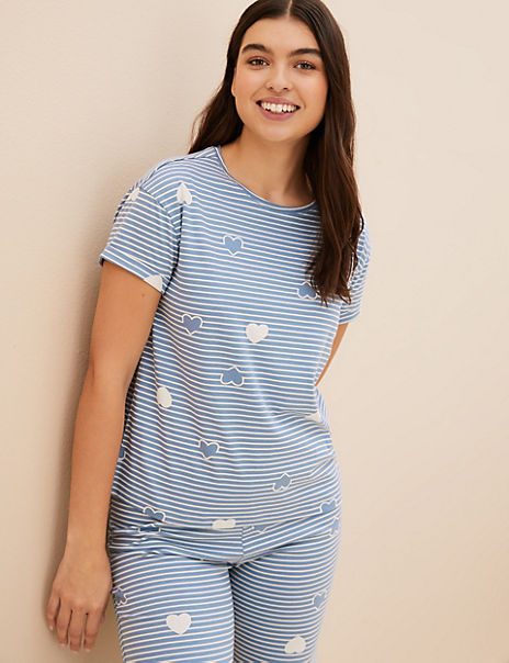 Pure Cotton Striped Heart Print Pyjama Set
