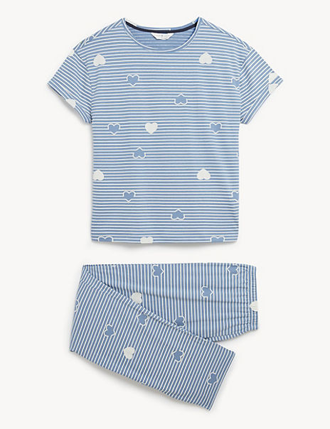 Pure Cotton Striped Heart Print Pyjama Set
