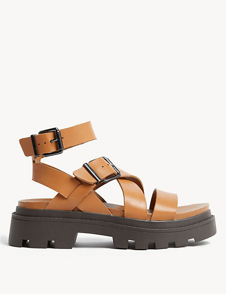  Wide Fit Leather Buckle Ankle Strap Sandals 