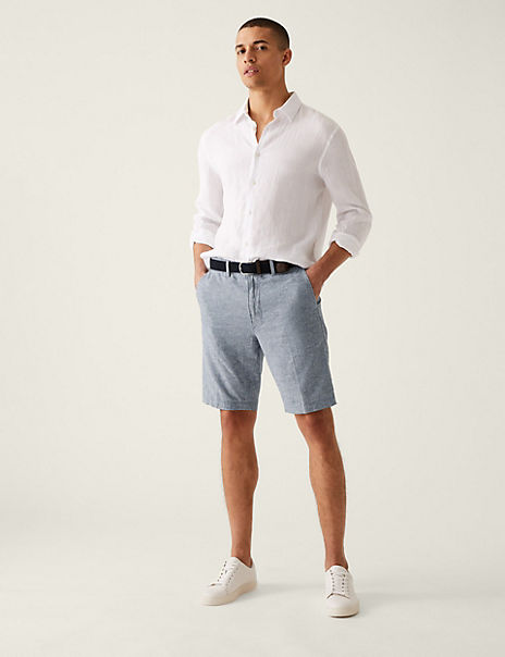  Linen Blend Striped Belted Chino Shorts 