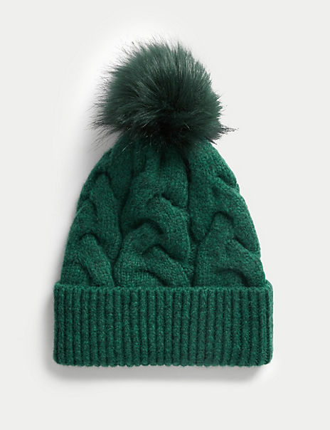 Knitted Cable Faux Fur Pom Hat