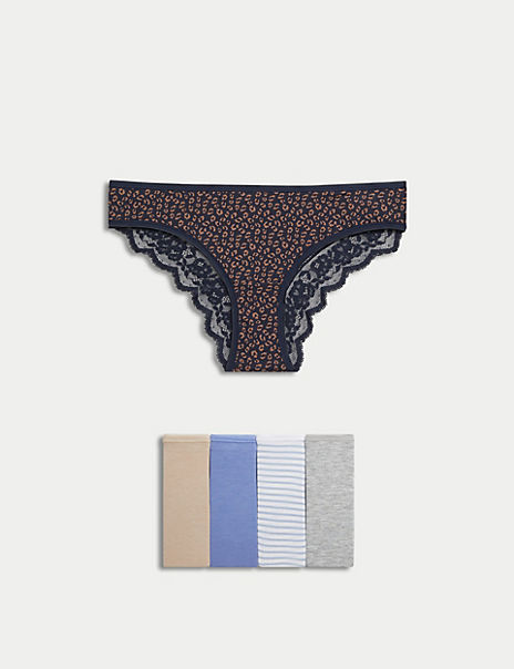 5pk Cotton & Lace Printed Thongs, M&S Collection