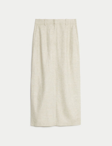 Linen Blend Side Split Maxi Column Skirt 