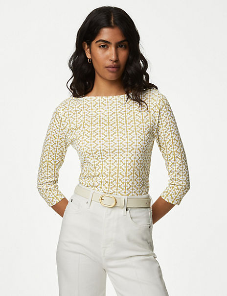 Pure Cotton Printed Slim Fit Slash Neck Top - Marks and