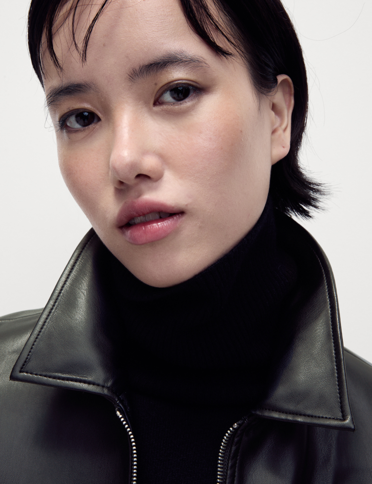 Faux Leather Collared Short Jacket