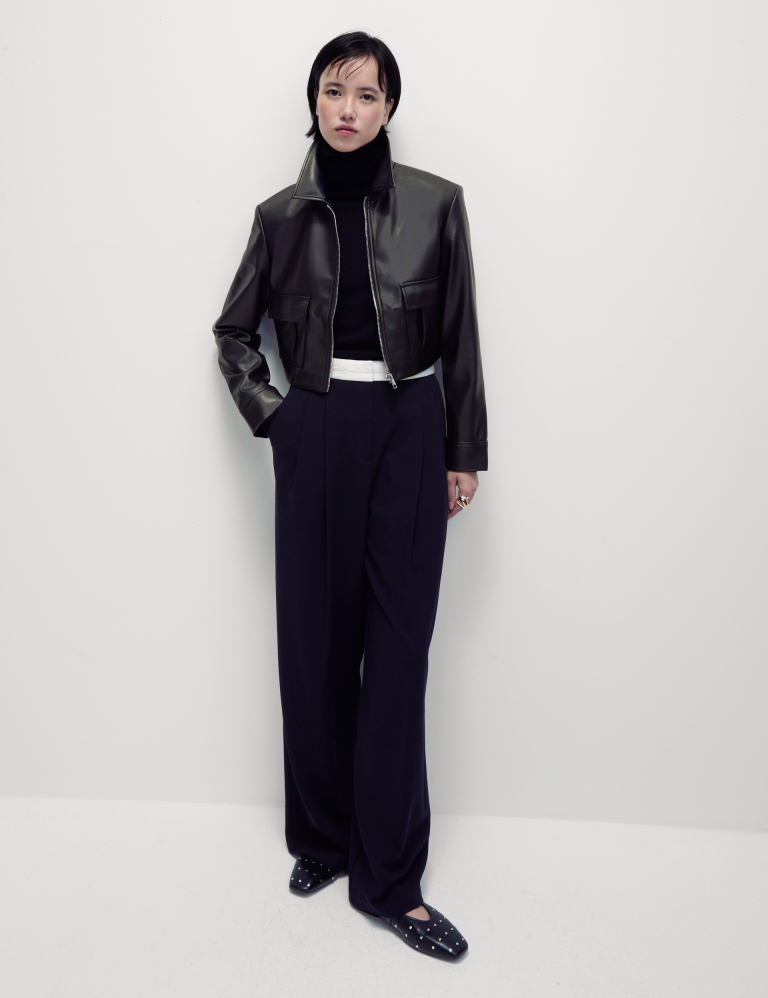 Faux Leather Collared Short Jacket