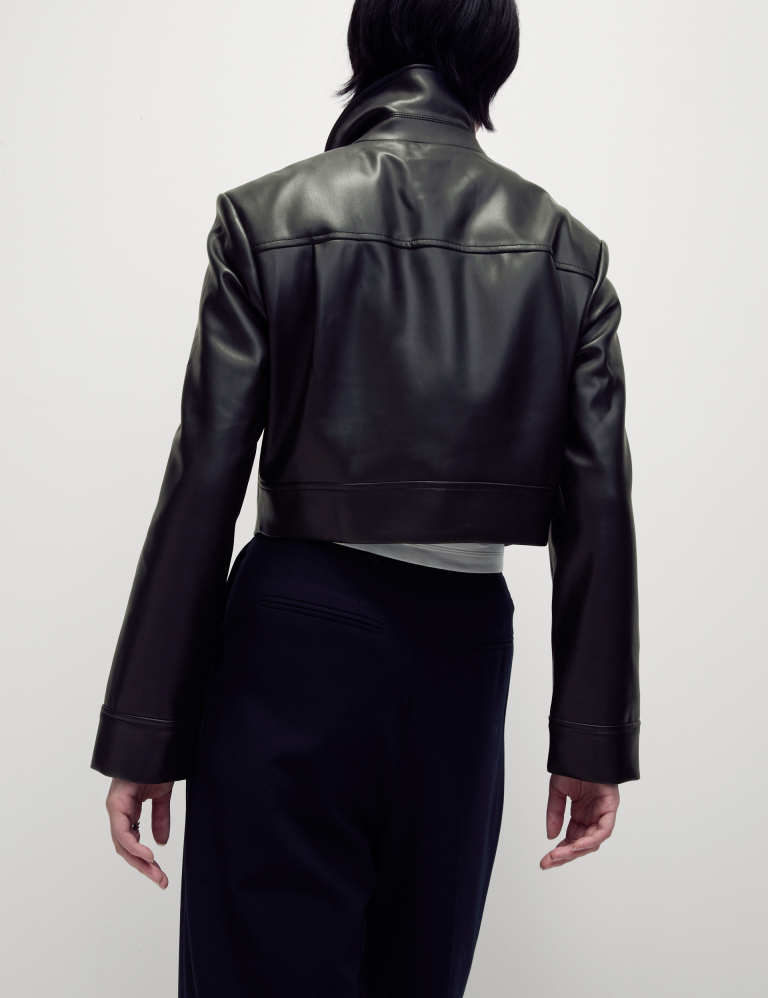 Faux Leather Collared Short Jacket