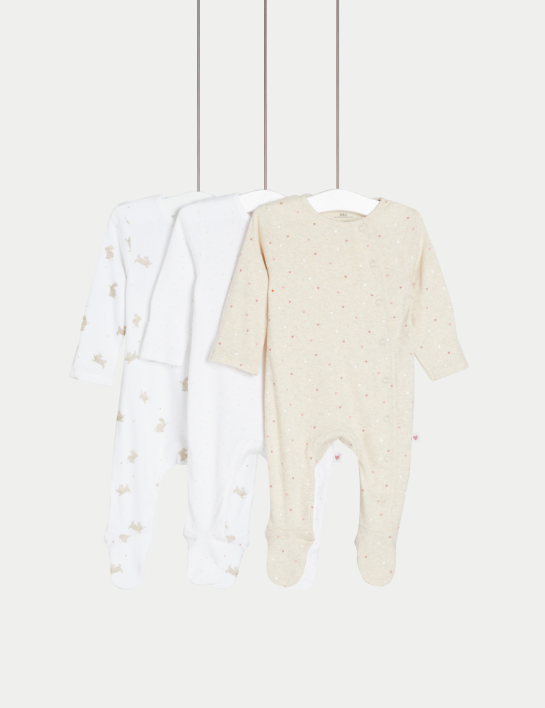 3pk Pure Cotton Bunny Sleepsuits (6½lbs-3 Yrs)