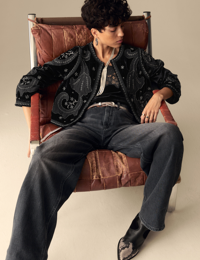 Velvet Embroidered Collarless Cropped Jacket