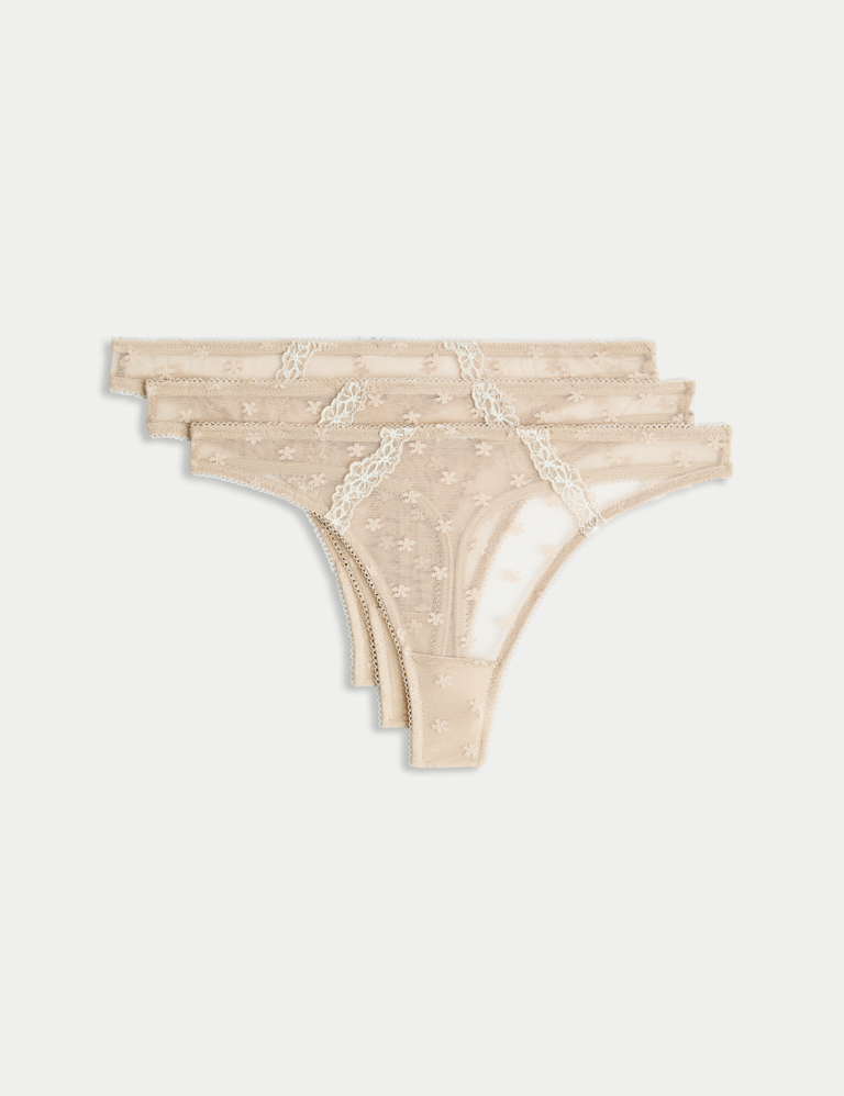 3pk Daisy Embroidery Mesh Thongs