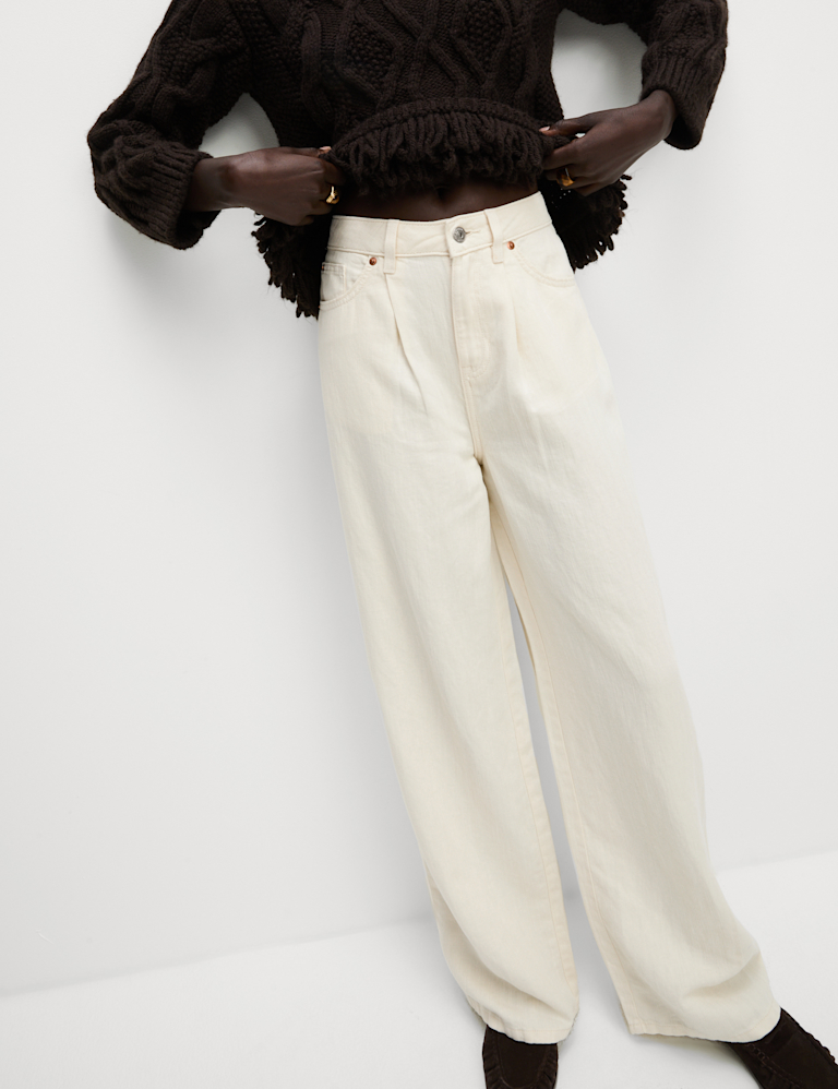 Linen Blend Denim Wide Leg Trousers Linen Blend Denim Wide Leg Trousers