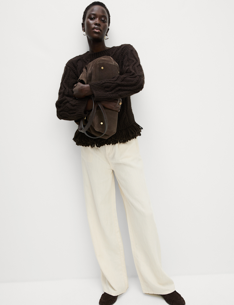 Linen Blend Denim Wide Leg Trousers