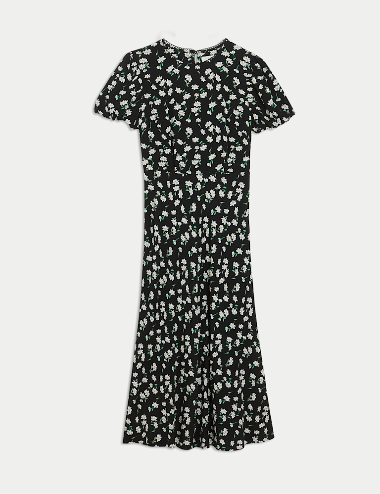 Floral Round Neck Tie Detail Midaxi Tea Dress