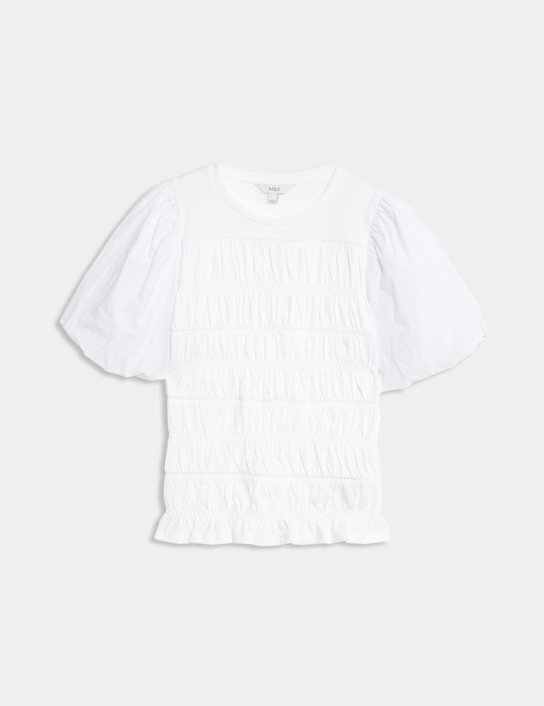 Pure Cotton Jersey Smocked Puff Sleeve Top