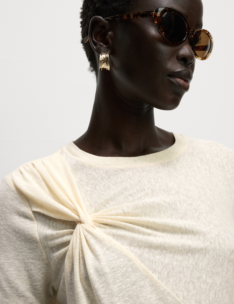 Linen Rich Crew Neck Twist Front T-Shirt