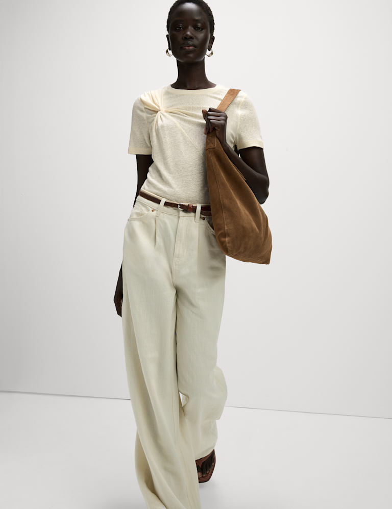 Linen Rich Crew Neck Twist Front T-Shirt