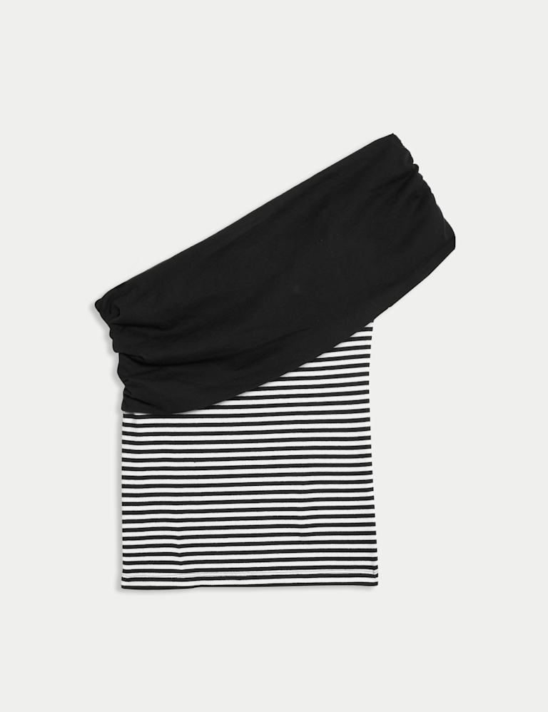 Cotton Rich Striped Ribbed One Shoulder Top