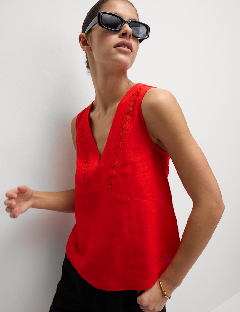 Linen Rich V-Neck Lace Insert Top