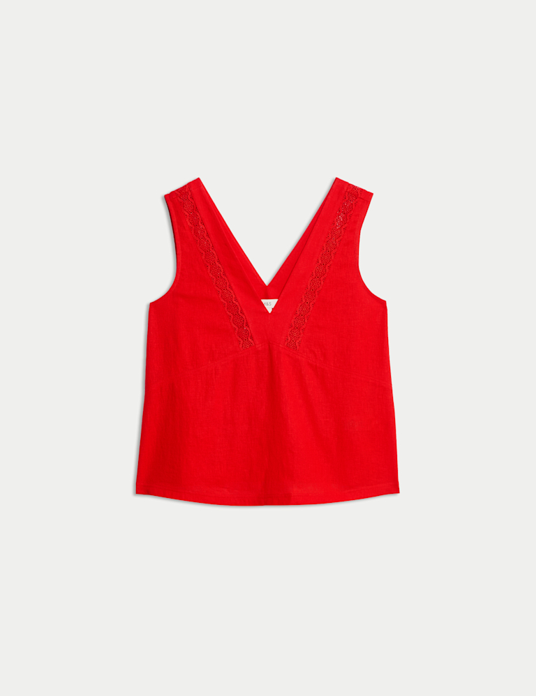 Linen Rich V-Neck Lace Insert Top