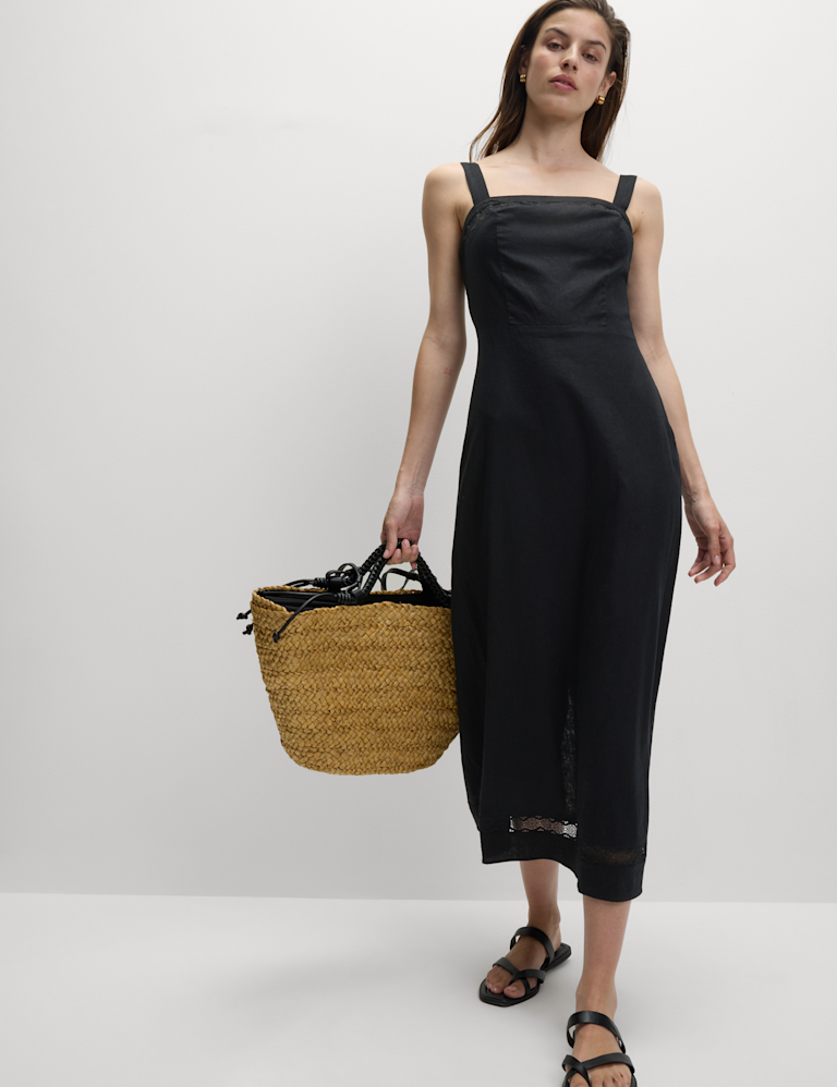 Linen Rich Square Neck Midi Shift Dress