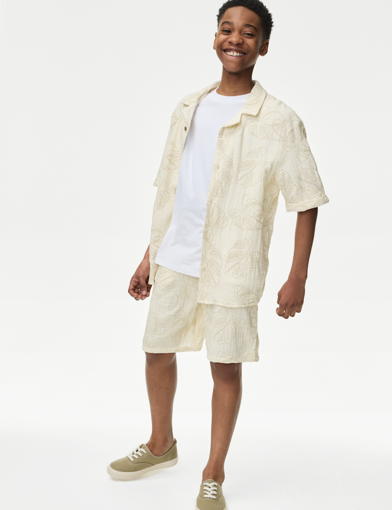 Pure Cotton Textured Palm Tree Shorts (2-16 Yrs)