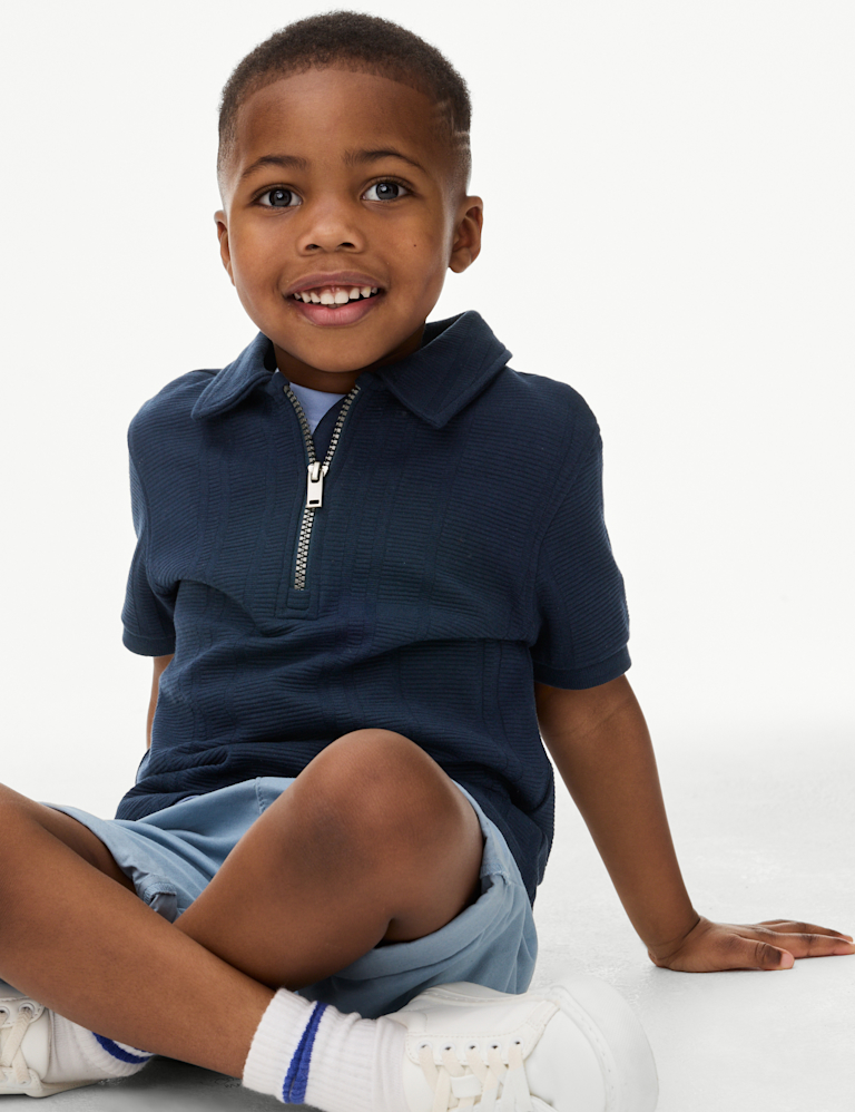 Pure Cotton Ribbed Zip Jersey Polo Shirt (2-8 Yrs)