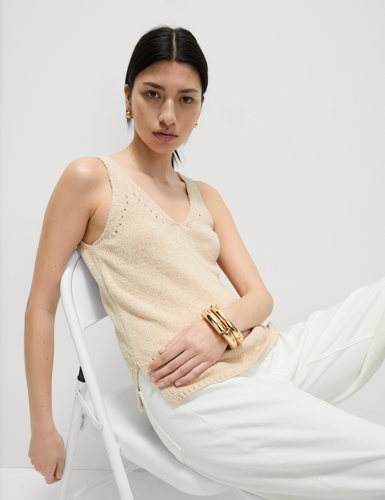 Cotton Blend Textured V-Neck Knitted Vest