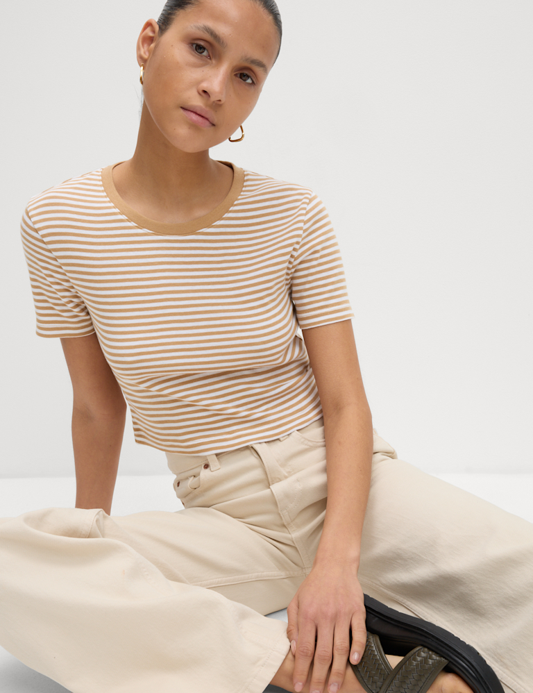 Pure Cotton Striped Crop T-Shirt