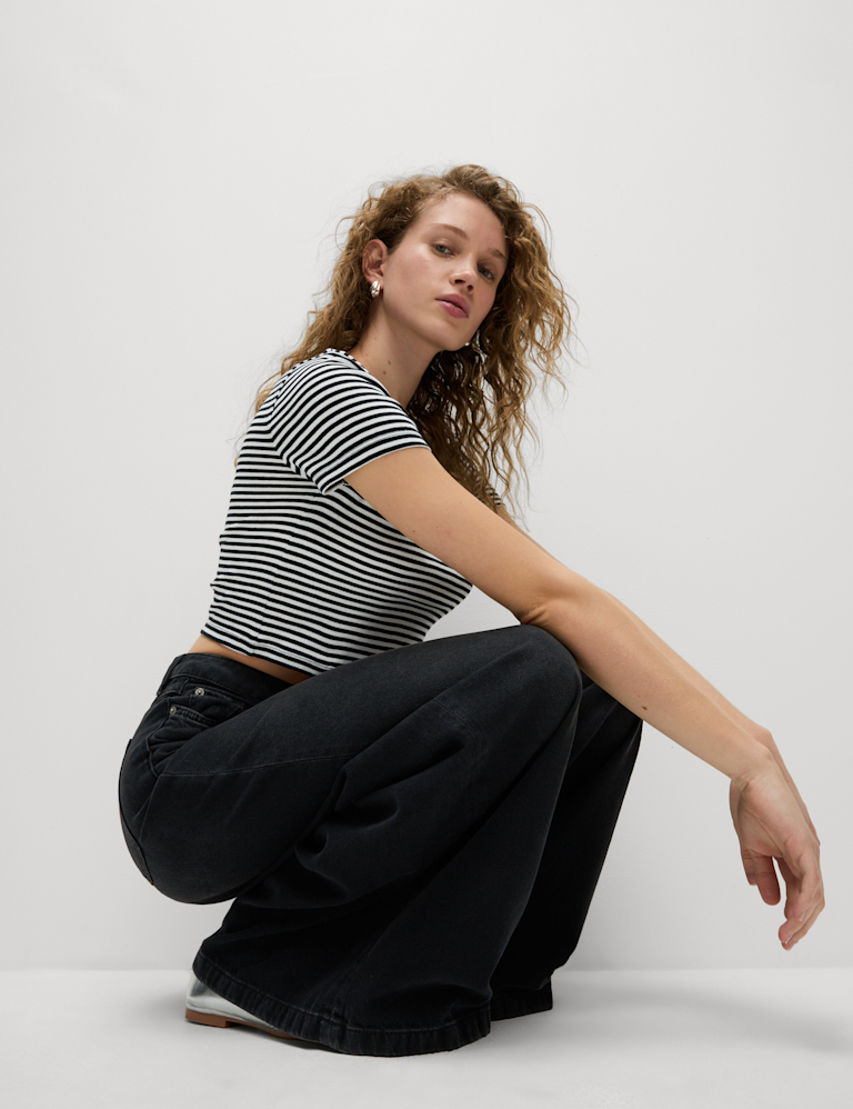 Pure Cotton Striped Crop T-Shirt