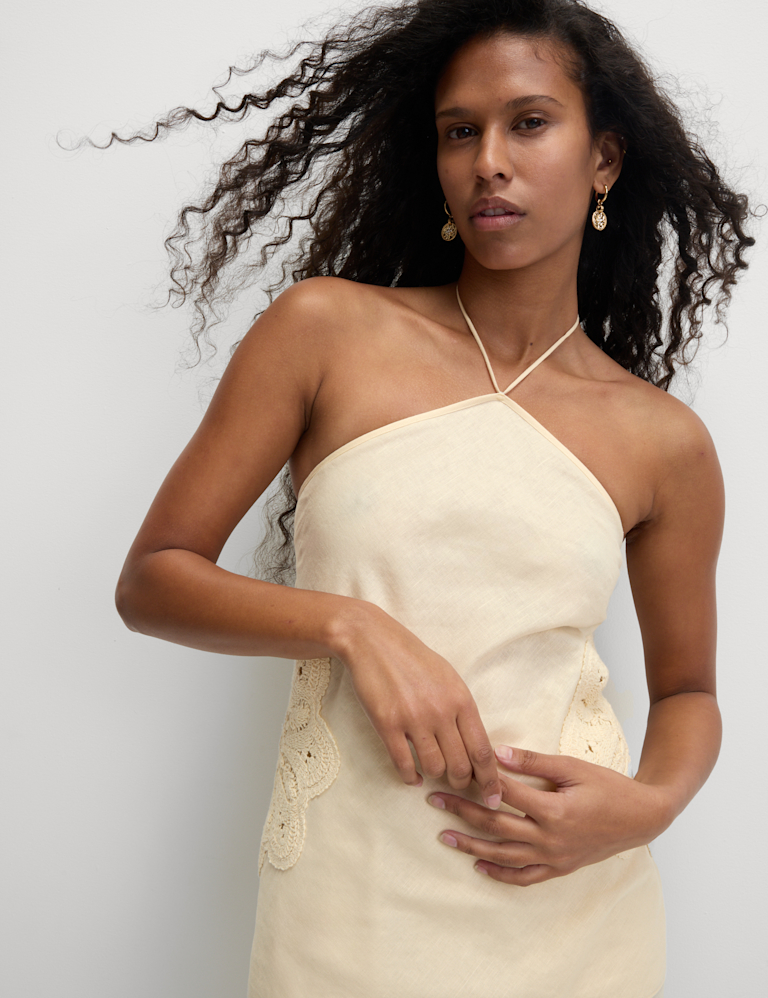 Linen Rich Cutwork Detail Halter Neck Top