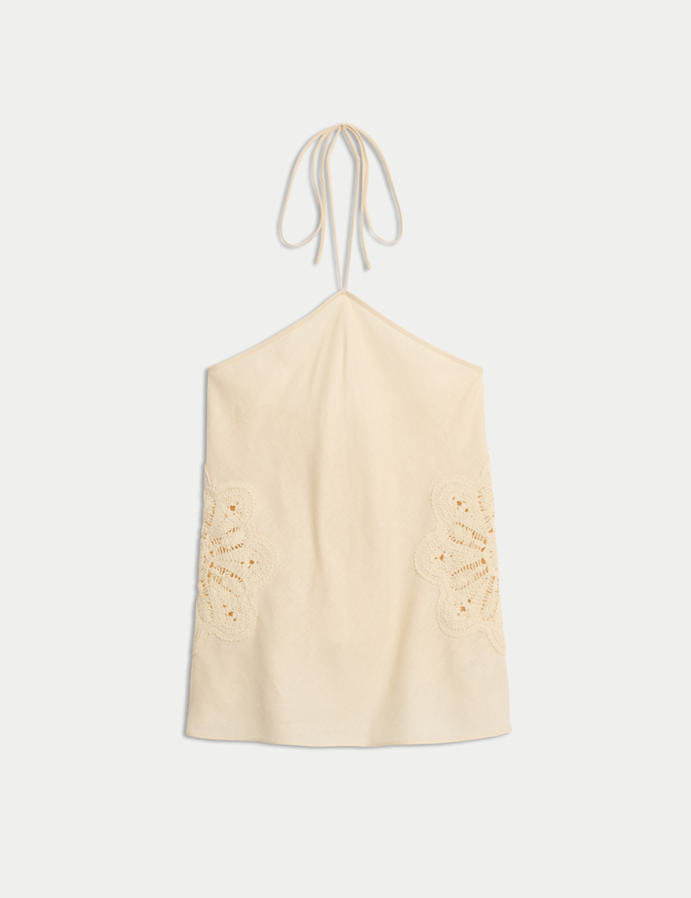 Linen Rich Cutwork Detail Halter Neck Top